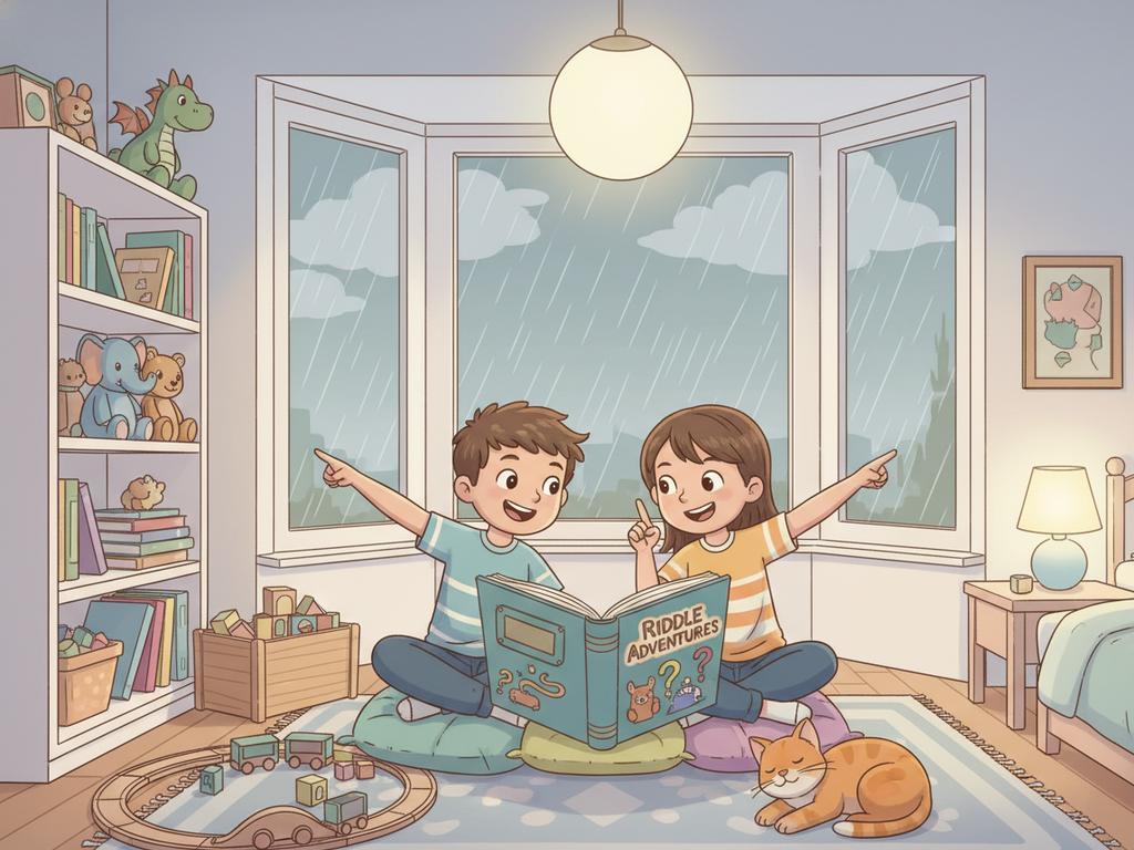 Fröhliche Szene im Comicstil: Zwei Kinder rätseln im gemütlichen Zimmer an einem Regentag.