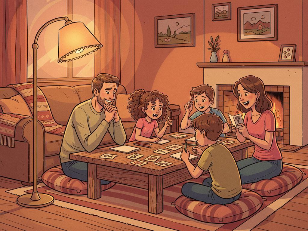 Comic-Szene: Eine Familie knobelt gemeinsam an Rätseln, ideal für einen unterhaltsamen Rätselabend für Kinder und Erwachsene.