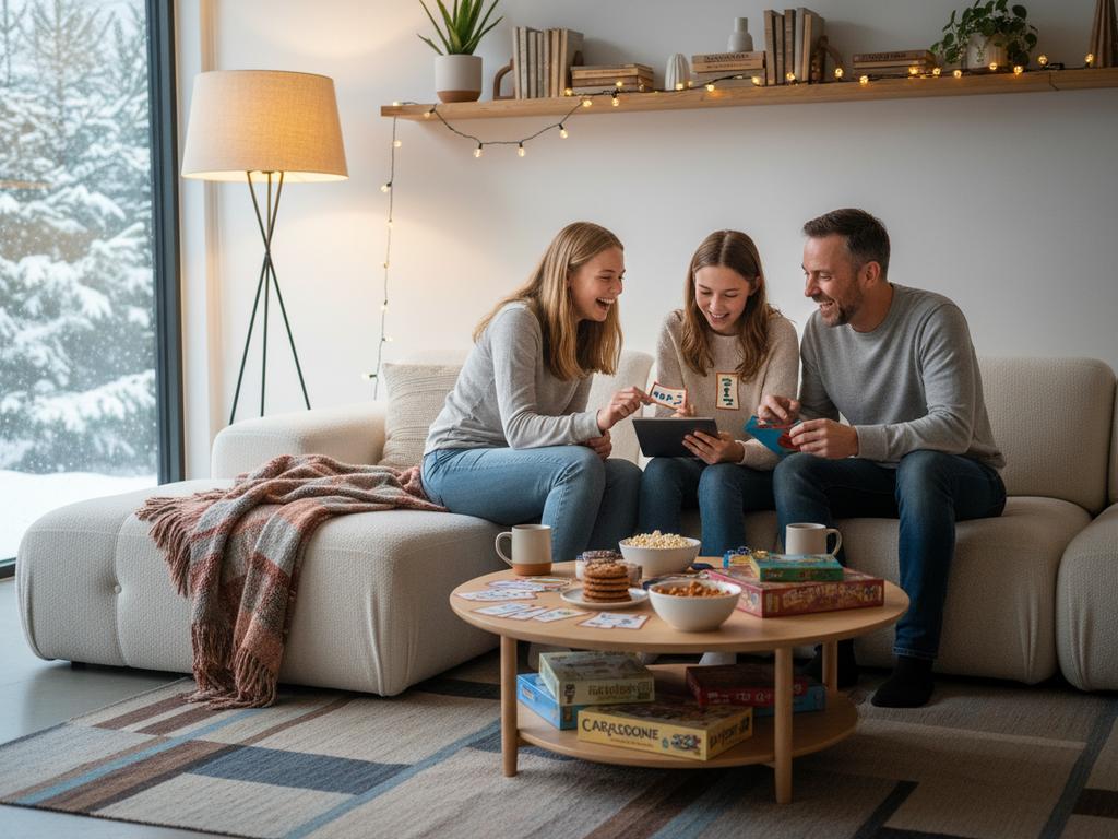 Eine fröhliche Familie beim gemeinsamen Lösen von Rätseln bei einem gemütlichen Spieleabend im Wohnzimmer.
