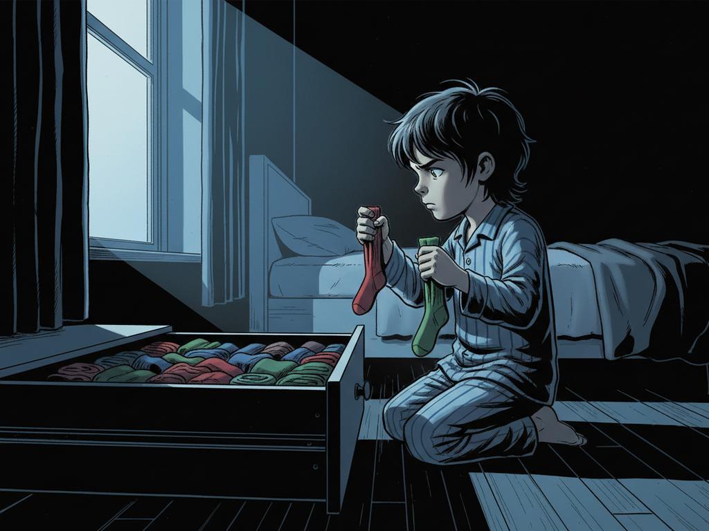 Comic-Szene zeigt ein Kind beim Tasten nach passenden Socken im dunklen Zimmer – inspiriert vom Logikrätsel mit der Sockenschublade.