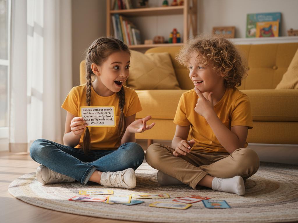 Zwei Kinder knobeln gemeinsam an einem lustigen Rätsel in gemütlicher Wohnzimmer-Atmosphäre.