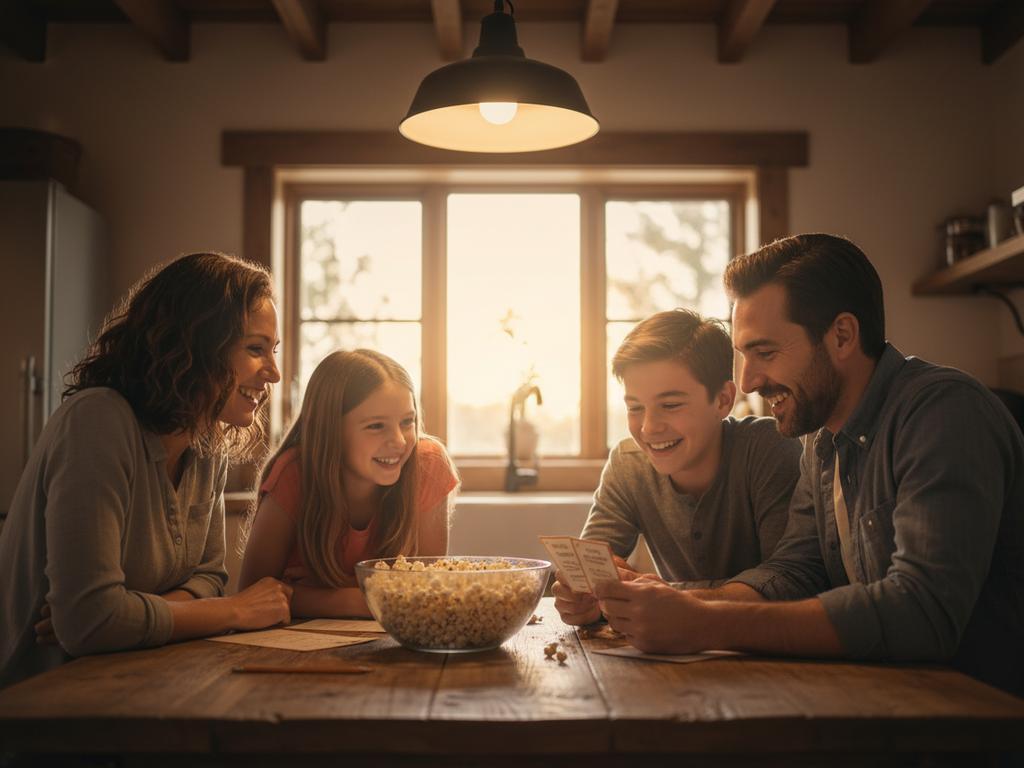 Eine Familie versammelt sich lachend am Küchentisch bei einem analogen Rätelabend ohne digitale Geräte.