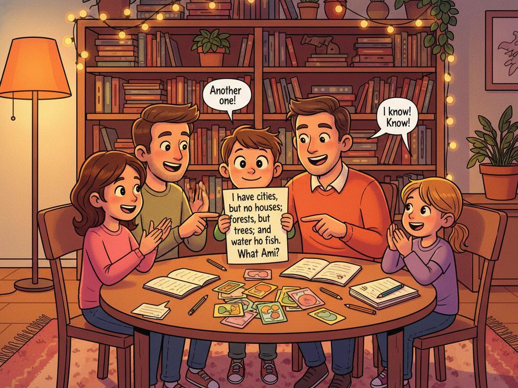 Ein Kind sitzt mit seiner Familie zusammen und versucht spielerisch Rätsel im Comic-Stil zu lösen.