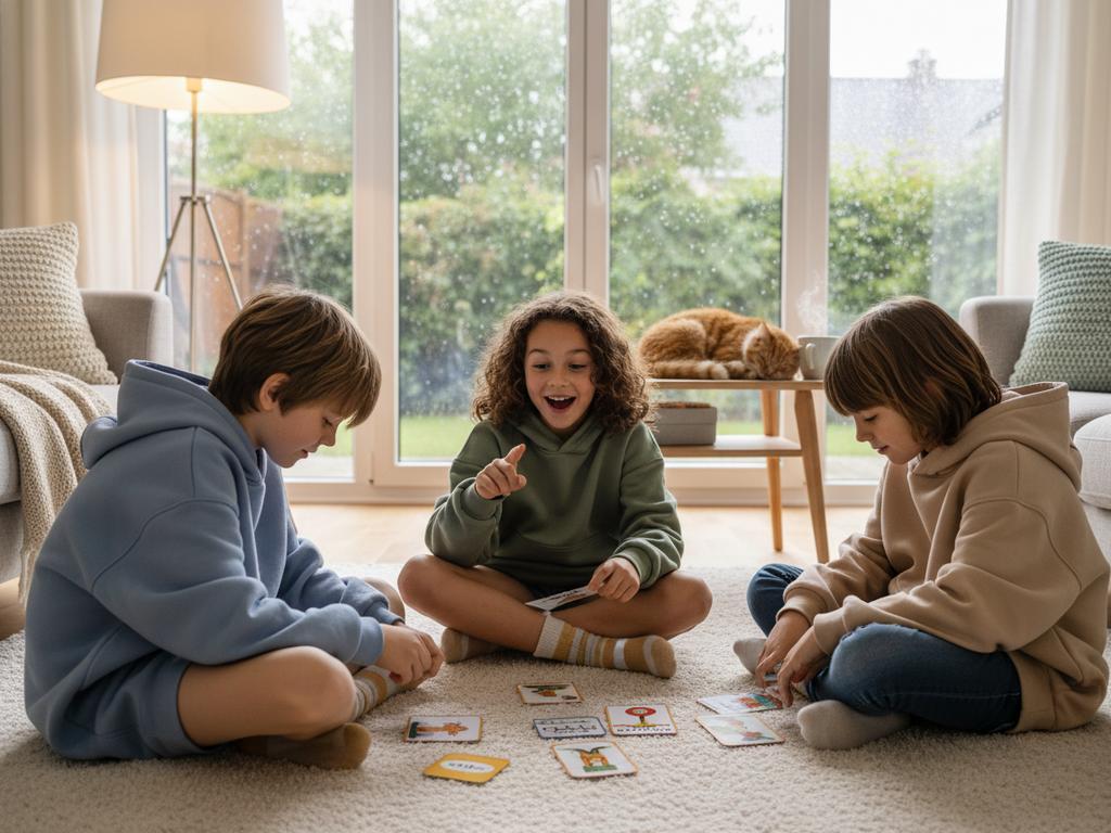 Eine Gruppe von Kindern löst gemeinsam Rätsel an einem verregneten Nachmittag – perfekt für Bildschirmpausen.