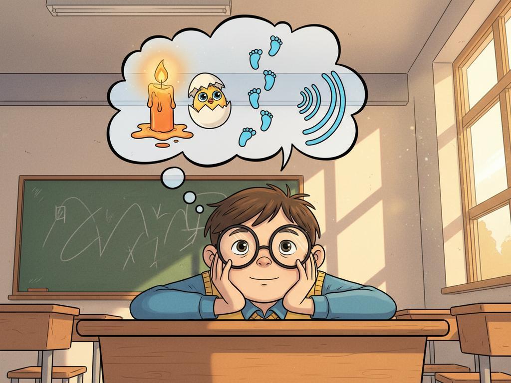 Comicbild eines Kindes mit einer Denkblase voller fantasievoller Rätselbilder wie Kerze, Ei und Fußspuren.