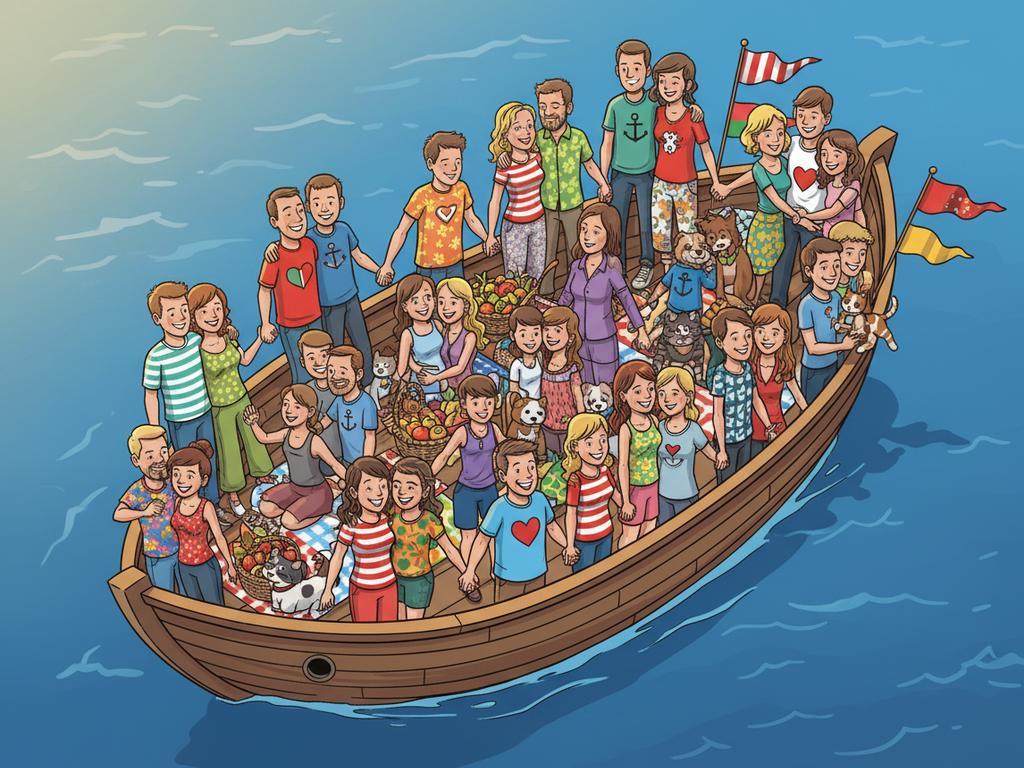 Comic-Illustration eines Bootes voller Menschen, aber niemand ist 'single' – inspiriert vom bekannten Rätsel.