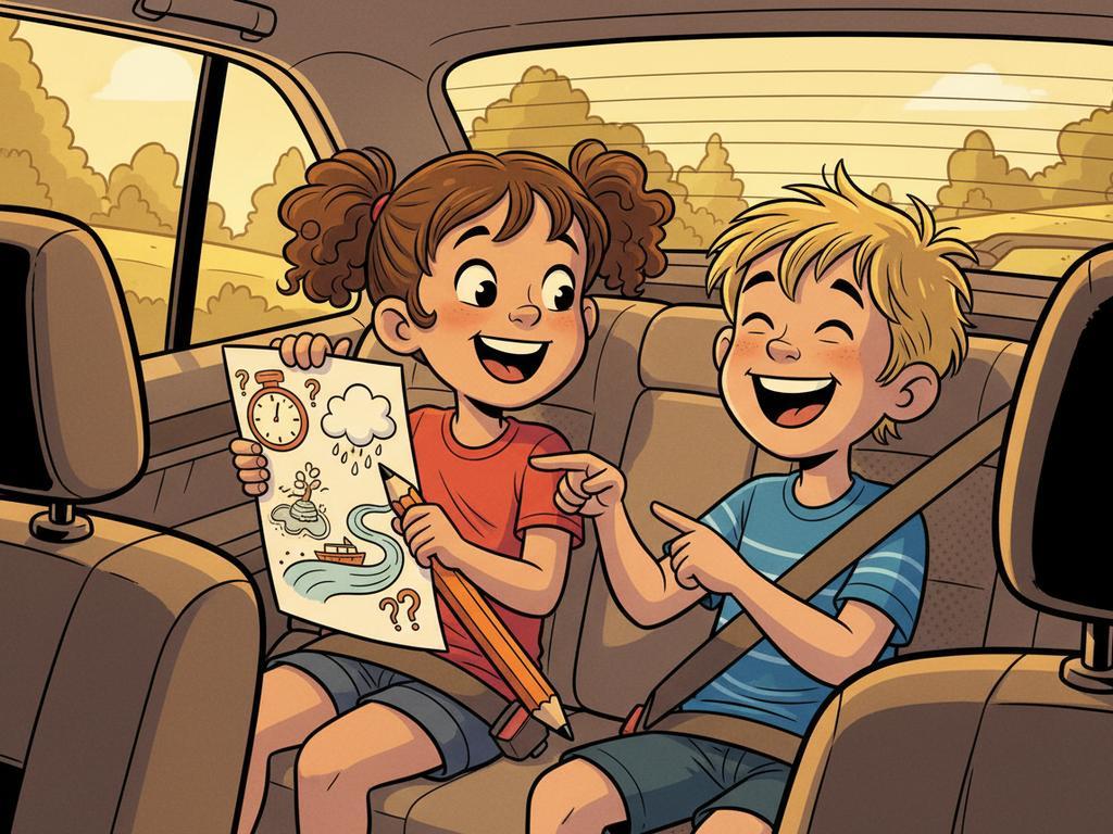 Fröhliche Kinder im Auto lösen auf einem Zettel Comic-Rätsel – perfekte Unterhaltung für unterwegs ohne Bildschirm.
