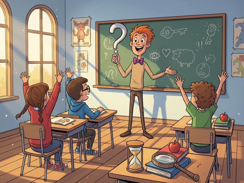 Kinder und Erwachsene knobeln gemeinsam über lustige Rätsel – dargestellt in einem bunten Comic-Klassenzimmer.