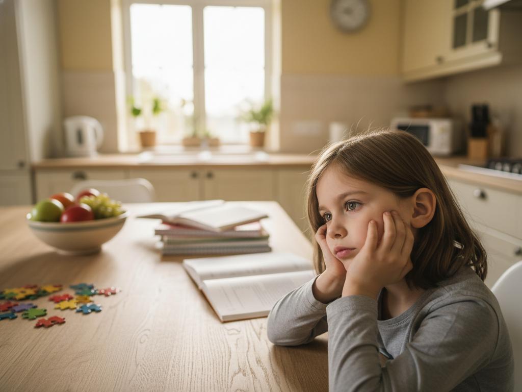 Ein Kind überlegt konzentriert, während es ein lustiges Rätsel löst – ein Moment kindlicher Neugier und kognitiver Entwicklung.