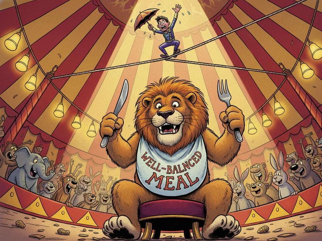 Comicbild eines hungrigen Löwen, der im Zirkuszelt auf einen Seiltänzer zielt – passend zur Tier-Rätselantwort „a well-balanced meal“. Illustration im humorvollen Comic-Stil.