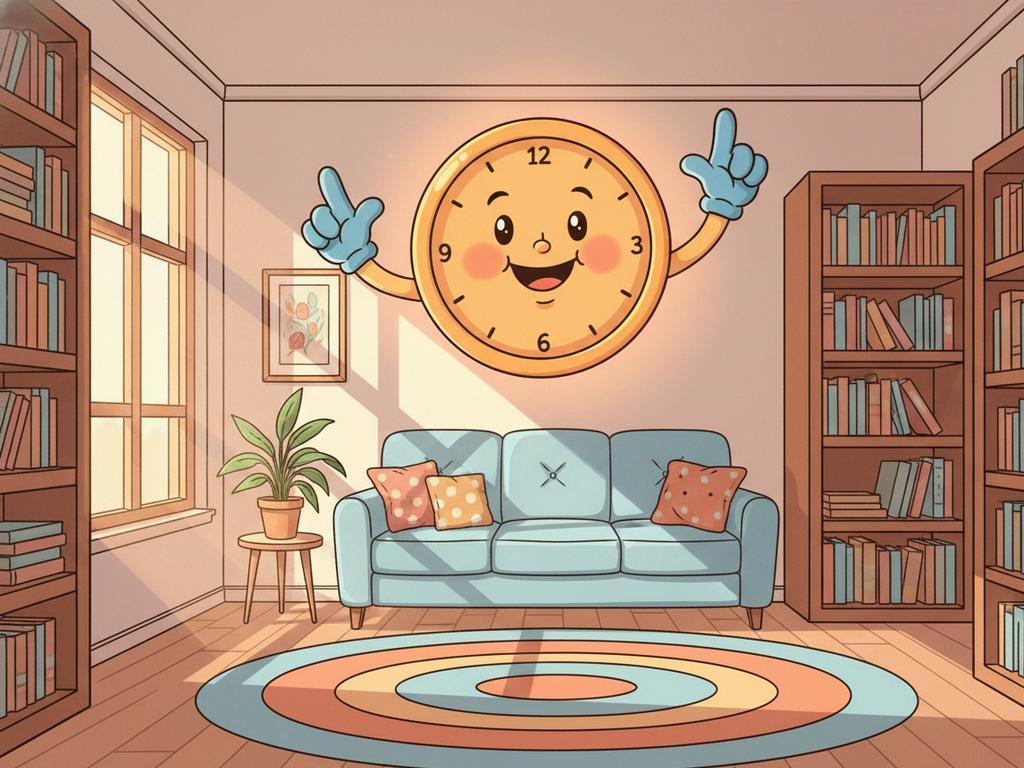 Lustiges Comicbild zu einem Rätsel mit einer Uhr ohne Augen, aber mit einem Gesicht und Händen.