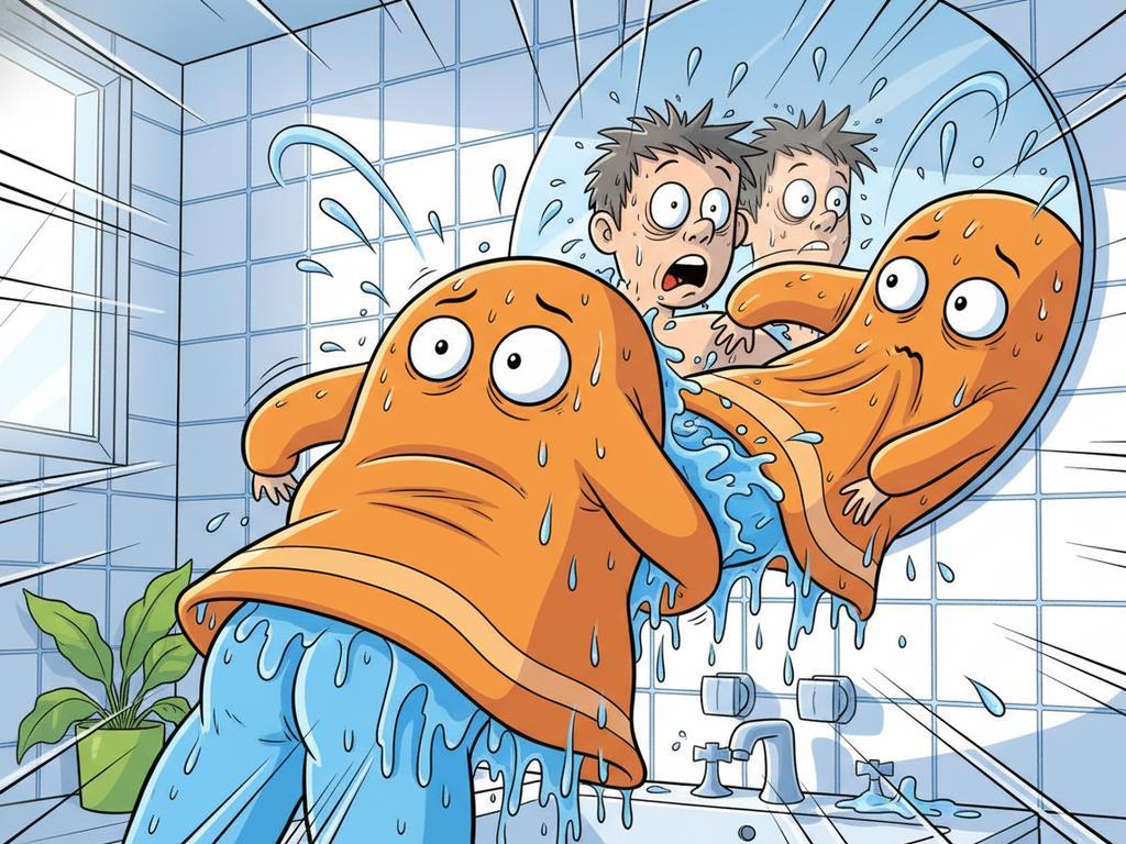 Lustige Comiczeichnung eines Handtuchs, das beim Trocknen selbst nass wird – inspiriert vom Klassiker unter den Rätseln.