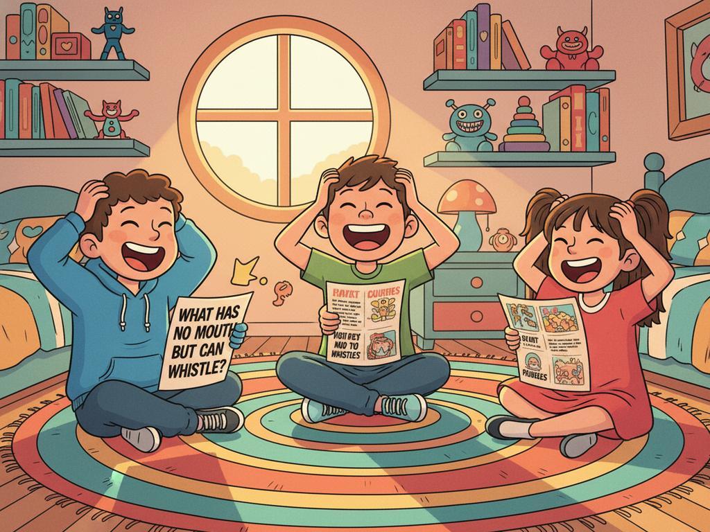 Ein lustiges Comic-Bild zeigt Kinder, die gemeinsam Rätsel lösen – ideal für Beiträge zu Logikrätseln im Unterricht oder Zuhause.