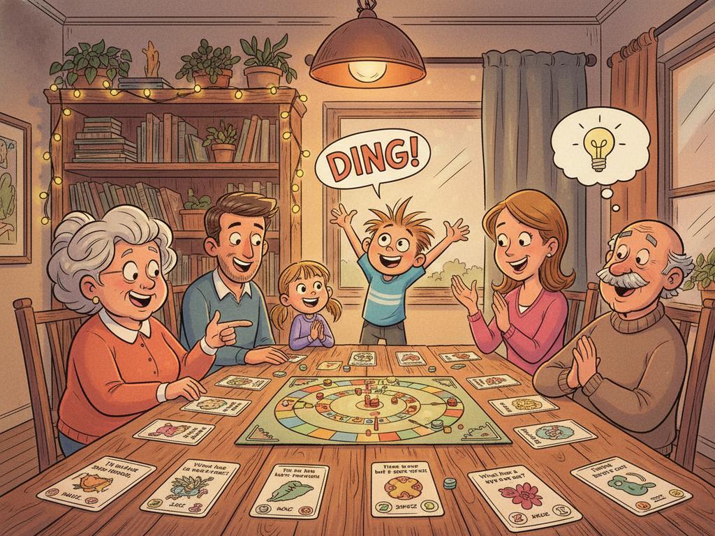 Fröhliche Familienszene im Comic-Stil bei einem Brettspielabend mit lustigen Rätseln am Tisch.