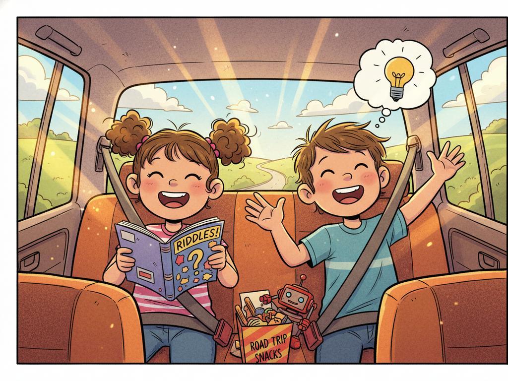 Ein buntes Comic-Bild mit Kindern auf der Rückbank beim Raten lustiger Rätsel während einer Autofahrt.