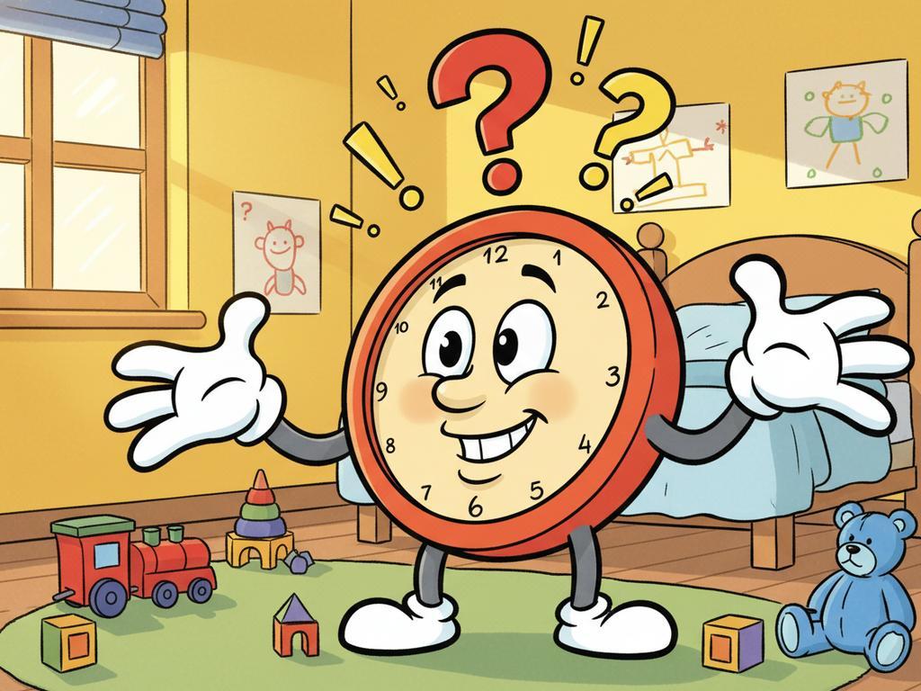 Comic-Szene zeigt ein Rätsel über eine Uhr mit witziger Darstellung. Ideal für Kinder und Familien mit Spaß an Denkspielen.