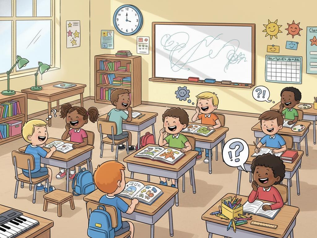 Buntes Comic-Bild von Kindern in einem Klassenzimmer, die gemeinsam einfache Schulrätsel lösen, mit Uhr, Büchern, Rucksack und anderen typischen Schulsachen als verspielte Hinweise.