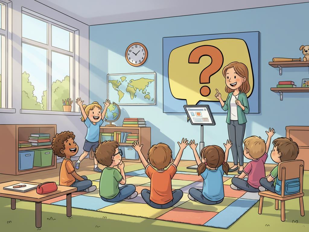 Illustration von lachenden Kindern in einem Klassenzimmer, die gemeinsam einfache und lustige Rätsel lösen, ideal für Artikel über Kinderwitze und Rätselspiele.