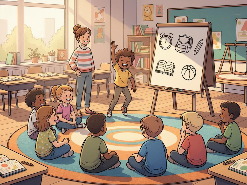 Comic-Szene einer fröhlichen zweiten Klasse, in der Kinder gemeinsam einfache Schulrätsel lösen. Ideal als Bild für Blogartikel mit lustigen Rätseln für Zweitklässler.