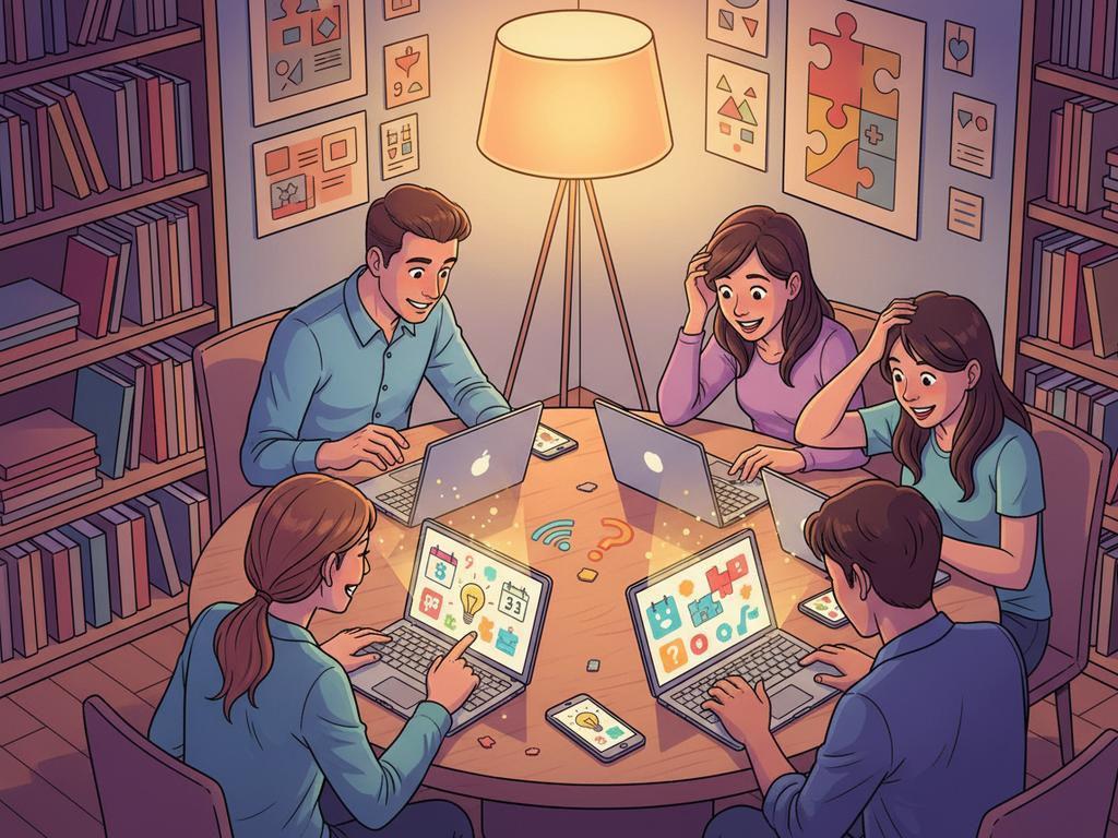 Comicartige Illustration einer modernen Gruppe, die gemeinsam knifflige Brain Teasers mit Antworten löst – perfekt für einen Blog über anspruchsvolle Denkspiele.