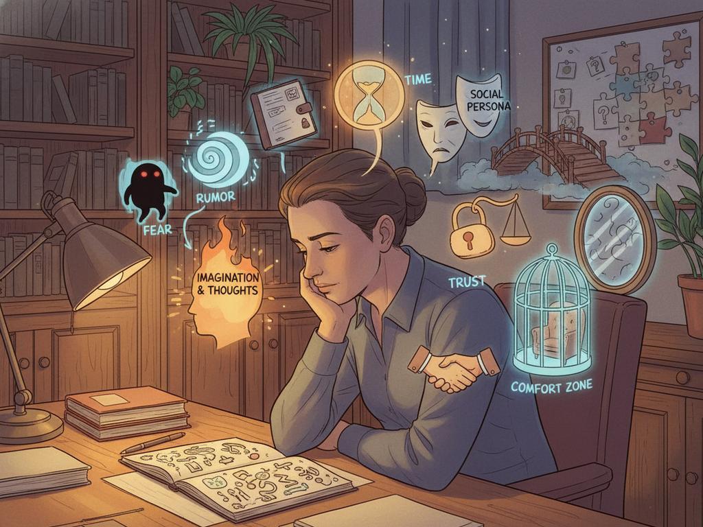 Comic-artige Illustration eines Erwachsenen, der in einem gemütlichen Zimmer über einem Notizbuch voller schwerer What-am-I-Rätsel nachdenkt, umgeben von symbolischen Motiven wie Uhr, Schatten und Brücke.