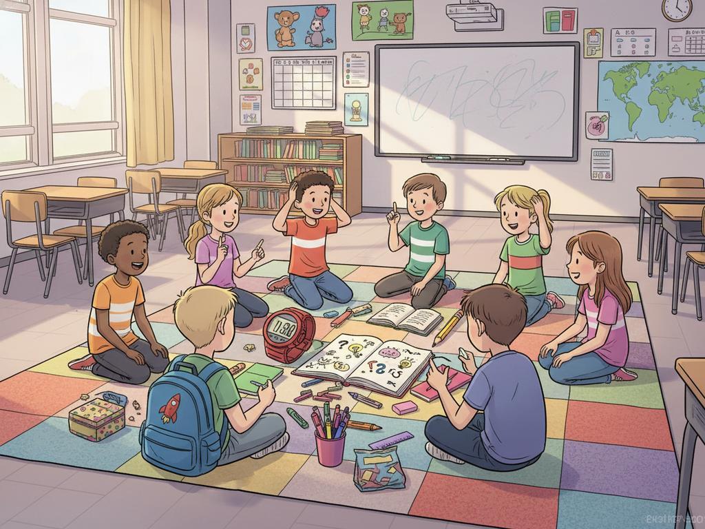 Buntes Comic-Bild von Kindern, die gemeinsam in einem Klassenzimmer lustige Schulrätsel lösen, umgeben von typischen Schulsachen wie Büchern, Rucksack, Stiften und Tafel.