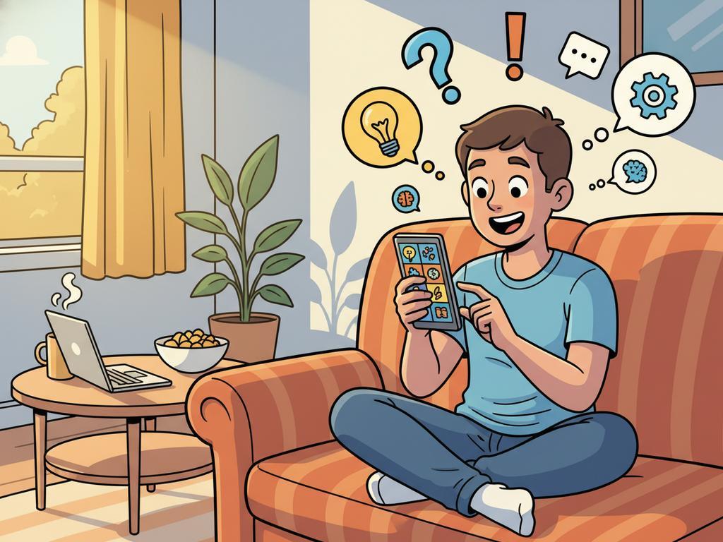 Illustration einer jungen Person, die auf dem Smartphone lustige Logikrätsel und Brain Teaser im Comic-Stil liest und dabei lacht.