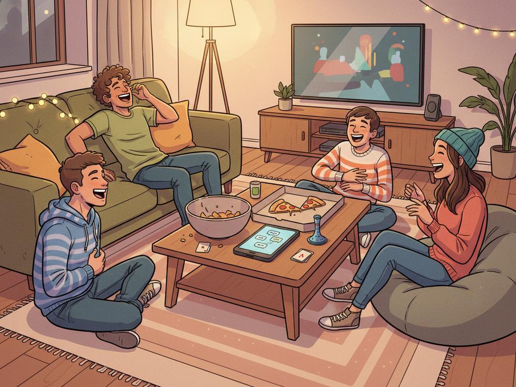 Comicartige Illustration einer fröhlichen Freunde-Runde bei einem Spielabend, die gemeinsam witzige Rätsel auf dem Smartphone löst und dabei herzlich lacht.