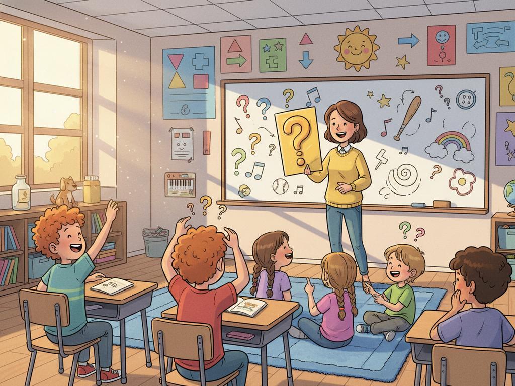 Comicartige Illustration von Kindern in einem Klassenzimmer, die gemeinsam lustige Rätsel mit Antworten erraten und dabei lachen – perfekt für Blogartikel über witzige Kinderrätsel.