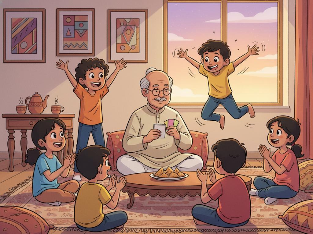 Bunte Comic-Illustration von Kindern, die gemeinsam lustige Hindi- und Hinglish-Rätsel erraten, ideal für Familie, Schule und lange Autofahrten.