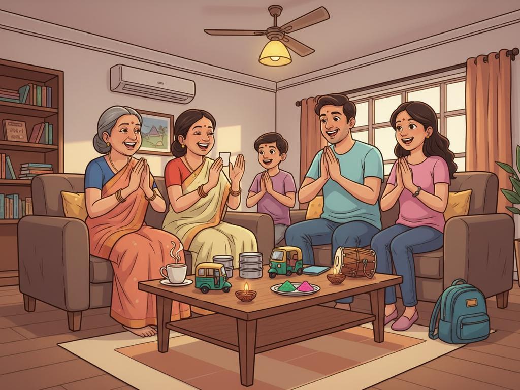 Comic-Szene einer indischen Familie, die gemeinsam lustige Hindi-Rätsel am Wohnzimmertisch löst und dabei lacht.