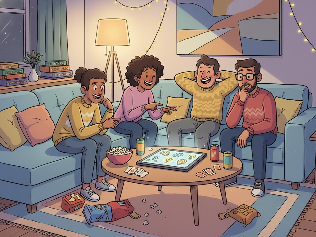 Illustration einer fröhlichen Freundesgruppe bei einem Spieleabend, die gemeinsam lustige und knifflige Rätsel auf einem Tablet löst.