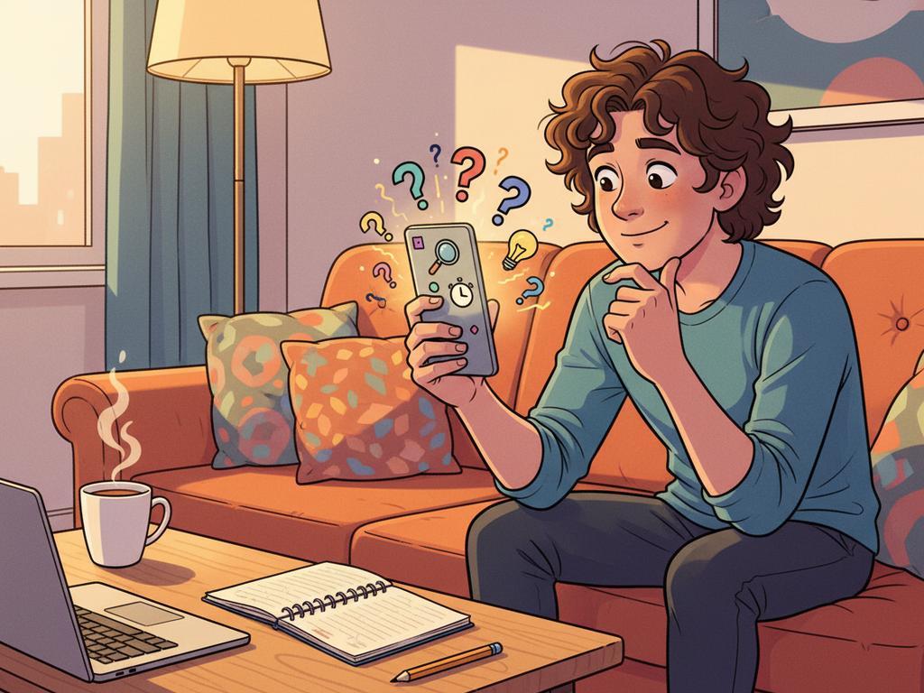 Bunte Comicszene mit junger Person, die auf dem Smartphone kurze clevere Rätsel löst. Perfekt als Bild für Blogartikel über schnelle Brain-Teaser und Denkspiele.