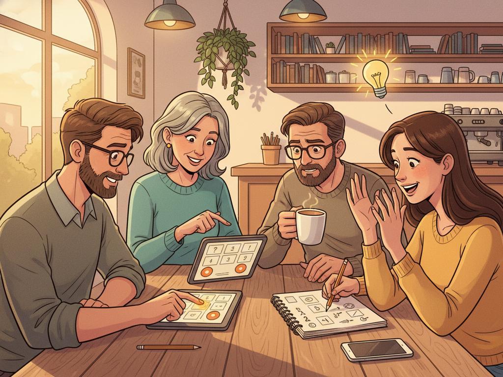 Comicartige Illustration von Erwachsenen, die gemeinsam anspruchsvolle Logikrätsel mit versteckten Antworten lösen – ideal für Blogartikel über Rätselfragen und Brainteaser für Erwachsene.