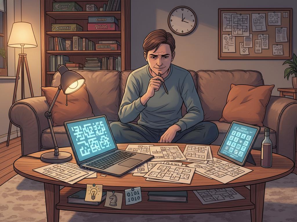 Comic-Szene eines Erwachsenen auf dem Sofa, umgeben von Notizen, Rätseln und Logikaufgaben, ideal zur Illustration eines Blogartikels über sehr schwere Logikrätsel für Erwachsene.